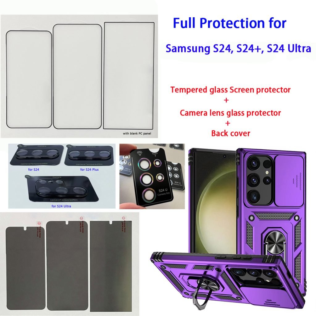 for Samsung S24/S24 Plus, S24 Ultra full protection tempered glass screen protector, camera lens protector, also military case